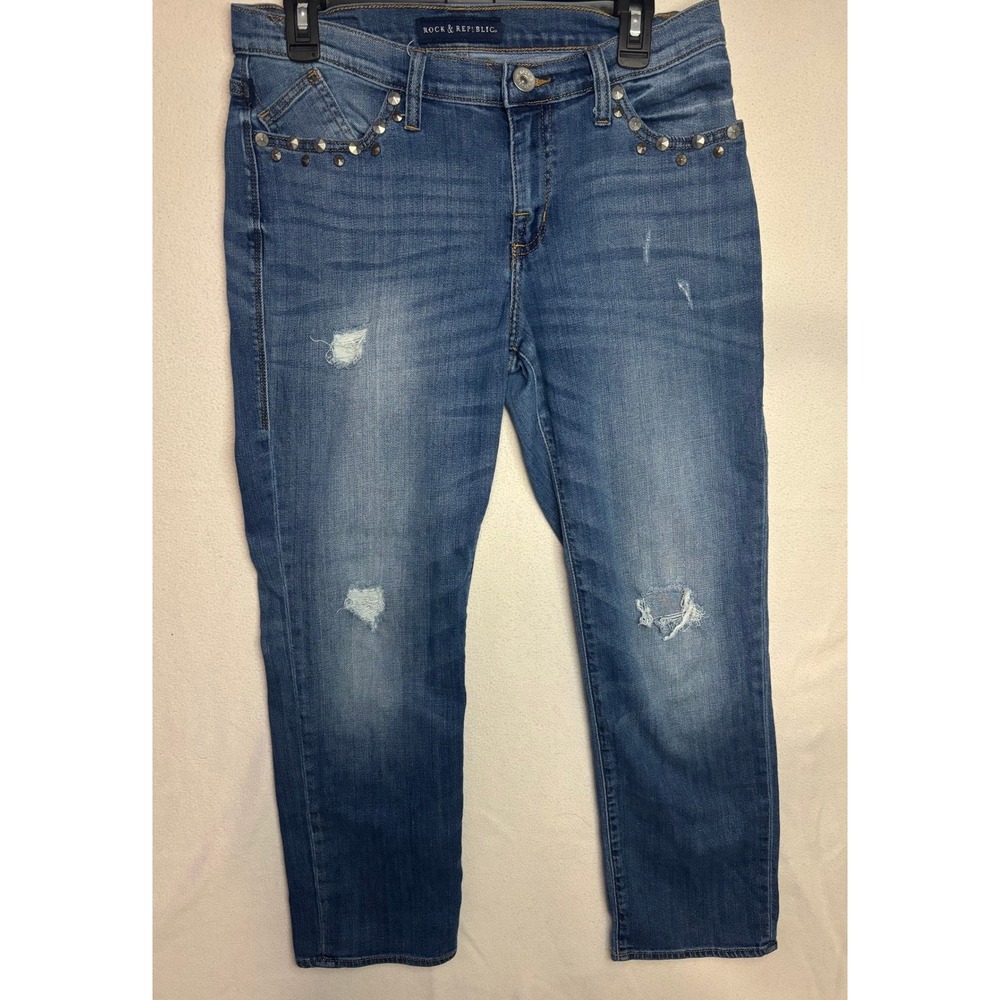 Rock & Republic Womens Jeans Size 10 Medium Wash Straight Leg Studded Distressed